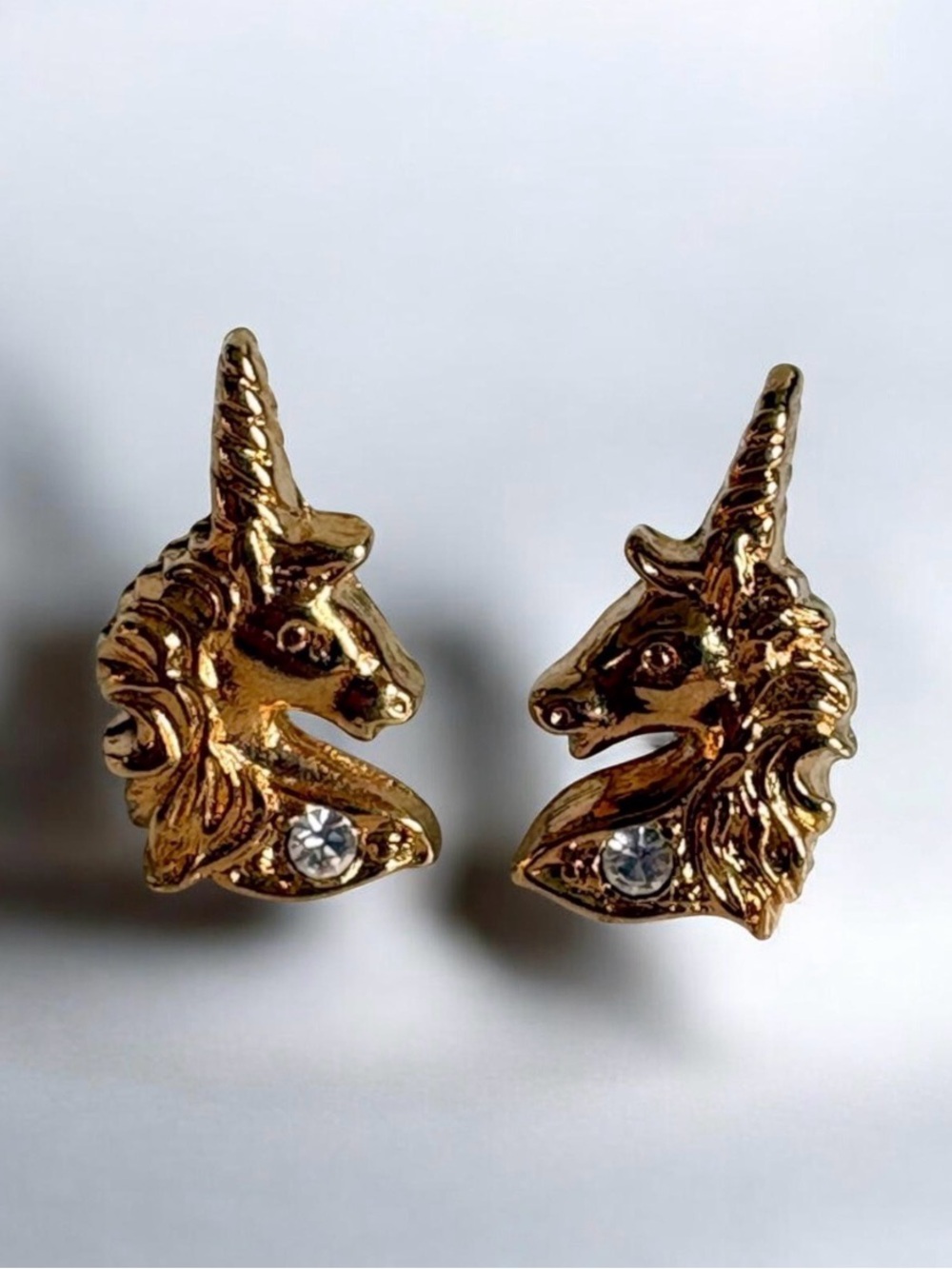 Vintage Avon 1990s Unicorn Rhinestone Gold Tone 1/2” Stud Earrings NIB